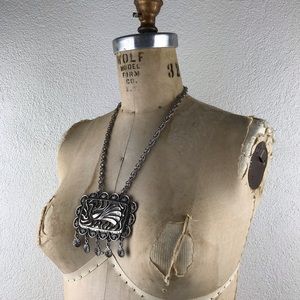 Vintage l 60s 70s OS Silver Pewter Metal Peacock Dangle Boho Statement Necklace